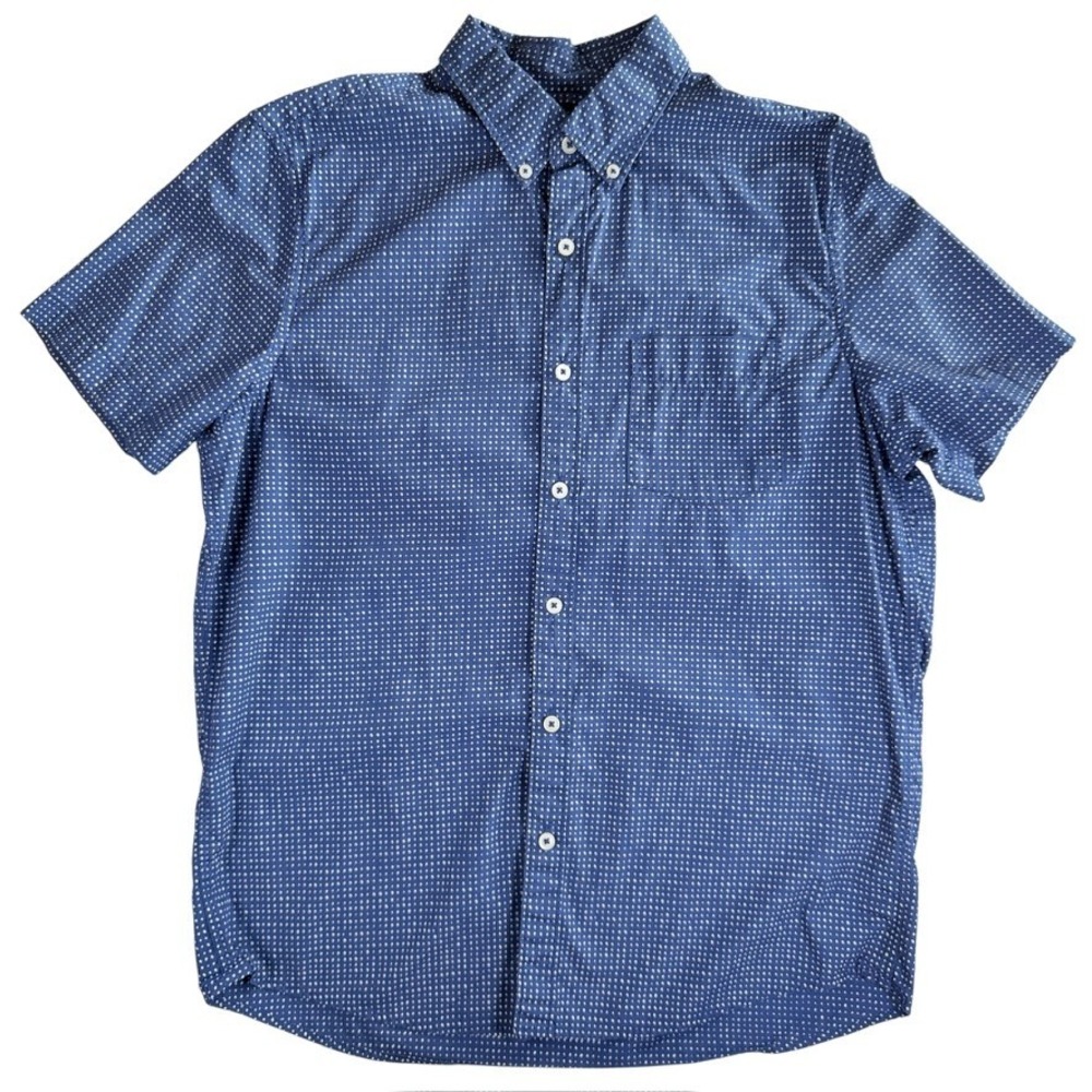 American Eagle Button Down Men Medium Blue Polka Dot Short Sleeve Seriously Soft